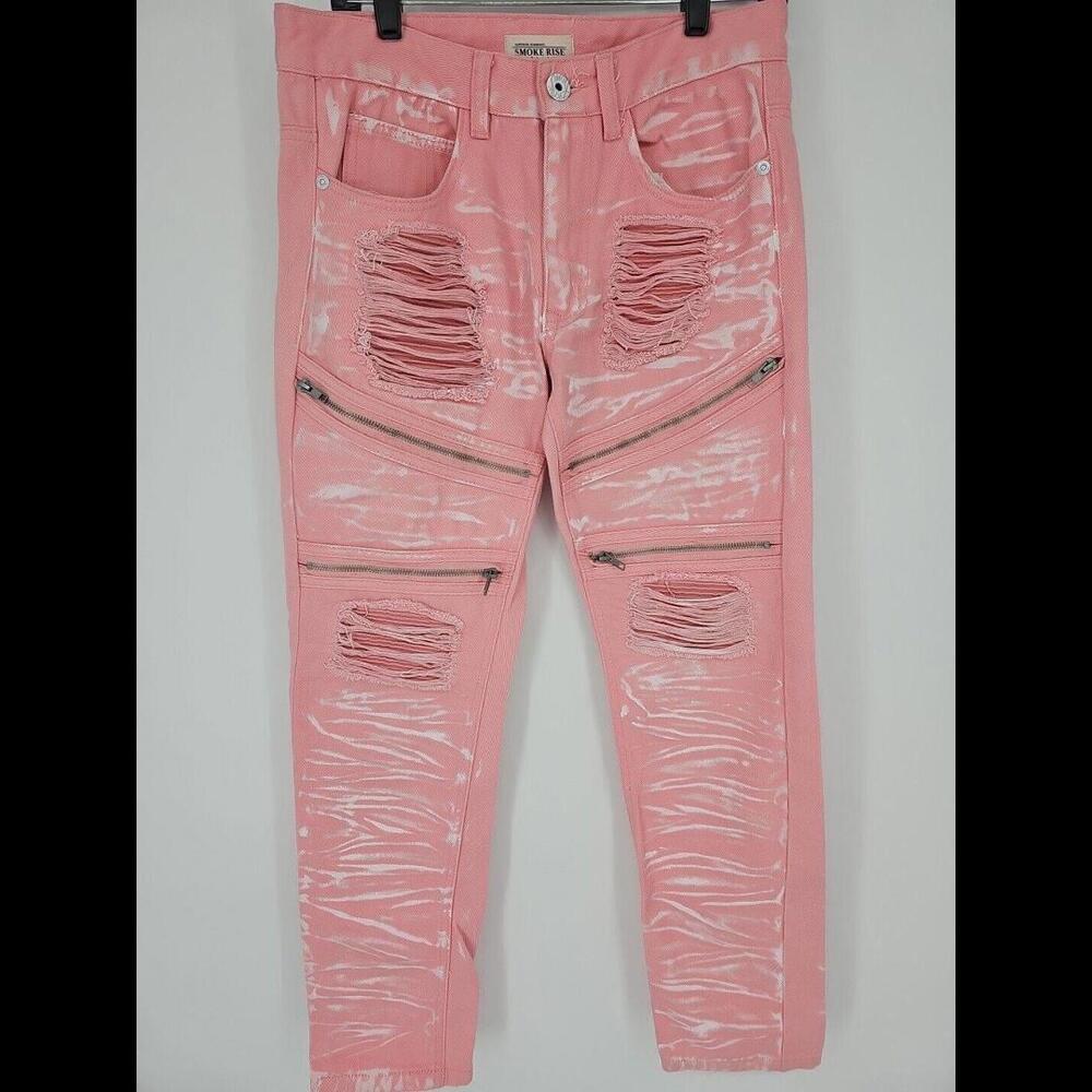 Smoke Rise Mens Distressed Jeans 32x30 Pink Zipper Slim Fit Hip Hop Rock‎
